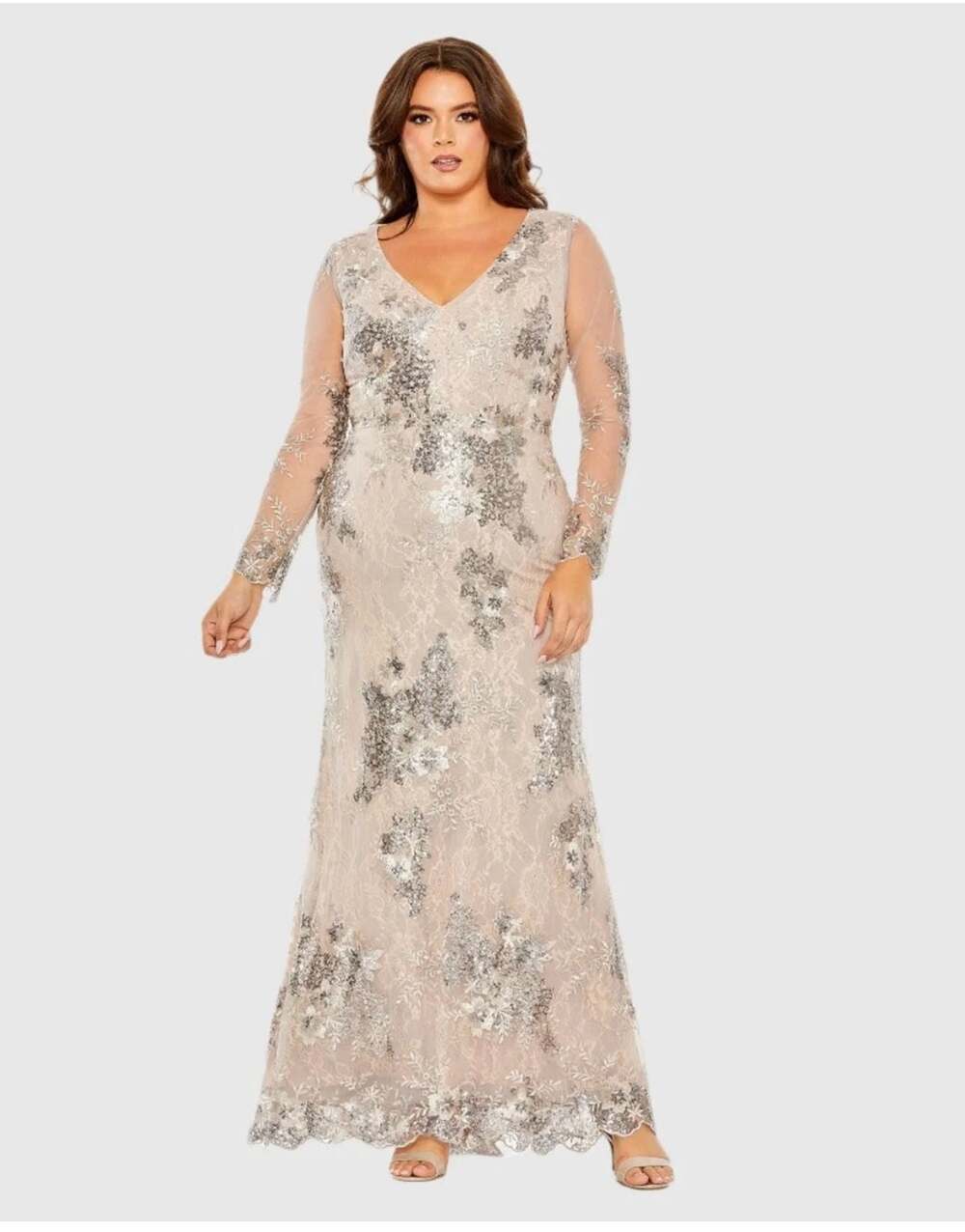 Mac Duggal Nude Sequined V-Neck Long Sleeve Maxi Dress